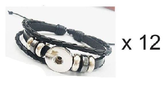 BD37 Black Snap Charm Leather Bracelet Pack of 12 (Snap Not Included)