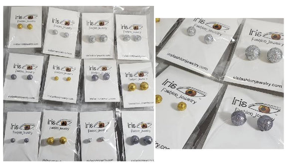 A113 Multi Size Gold, Silver, Gun Metal Glitter Earring Assortment Pack of 12
