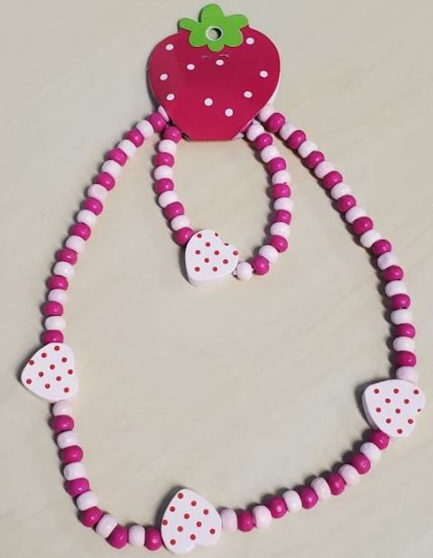 EC-L224 Light Pink Polka Dot Heart Wooden Necklace & Bracelet Set
