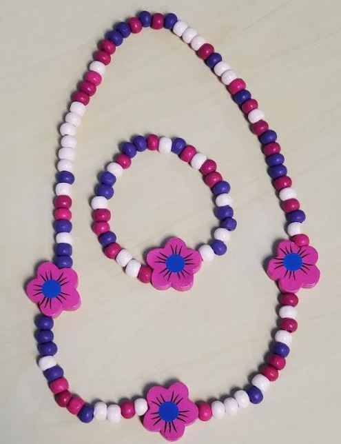 EC-L450 Pink & Purple Flowers Wooden Necklace & Bracelet Set