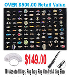 100 Assorted Rings, Ring Tray, Ring Mandrel & Ring Sizer