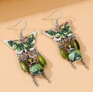 EC194 Silver Butterfly Green Stone Tassel Earrings