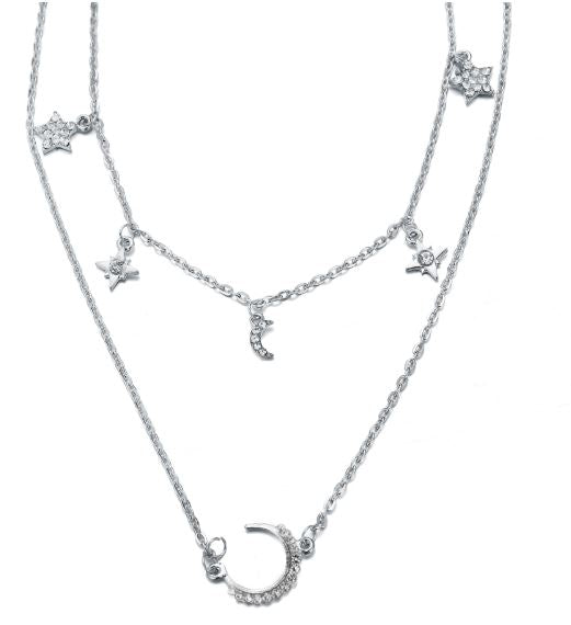 EC68 SIlver Sun & Moon Layered Choker Necklace with Free Earrings