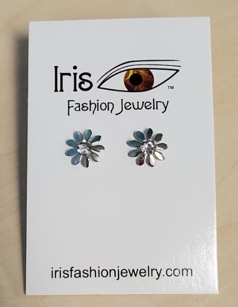 E1495 Silver Daisy Flower with Rhinestone Earrings