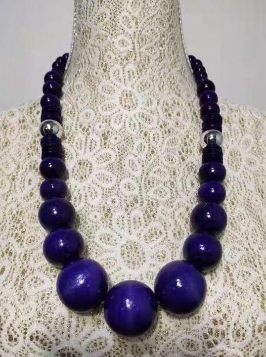 N1051 Purple Large Wooden Bead Silver Accent Necklace with FREE Earrings
