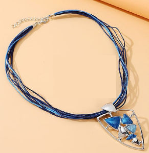 EC177 Blue Triangle Design Cord Necklace with Free Earrings