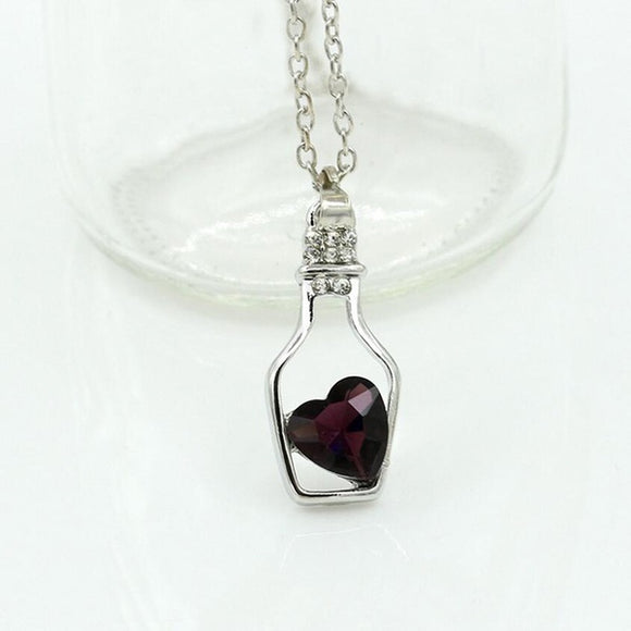 EC221 Silver Burgundy Heart Bottle Necklace with Free Earrings