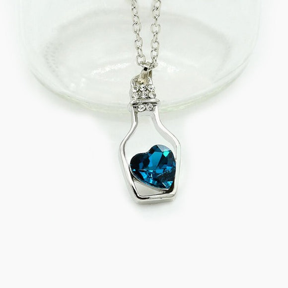 EC226 Silver Navy Blue Heart Bottle Necklace with Free Earrings