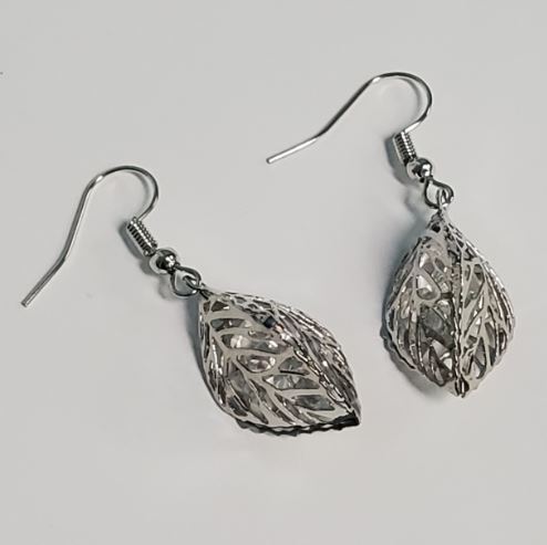 EC162 Silver 3D Leaf Cage with Gems Earrings