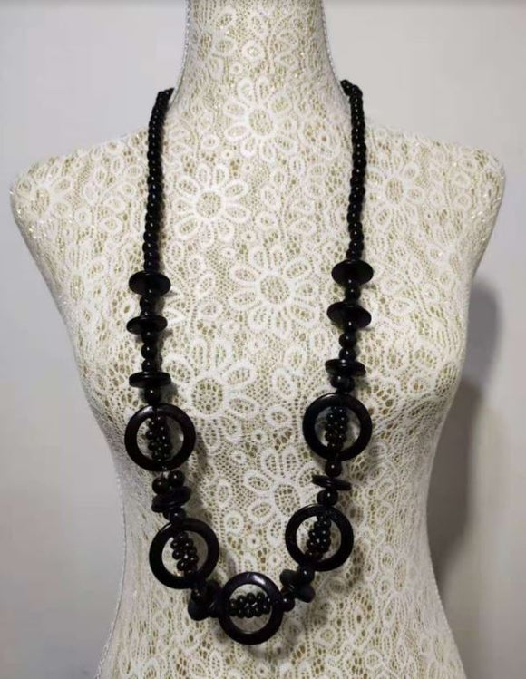 N01 Black Wooden Bead & Hoops Necklace with FREE Earrings
