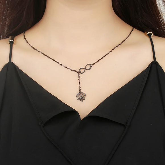 EC64 Black Infinity & Lotus Flower Necklace with Free Earrings