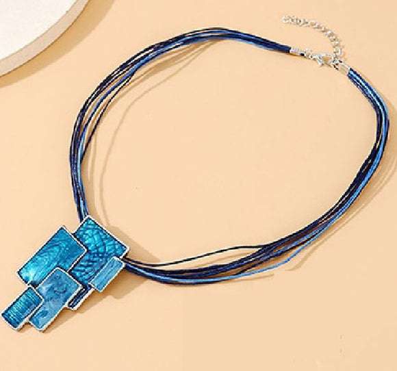 EC173 Blue Multi Rectangle Cord Necklace with Free Earrings