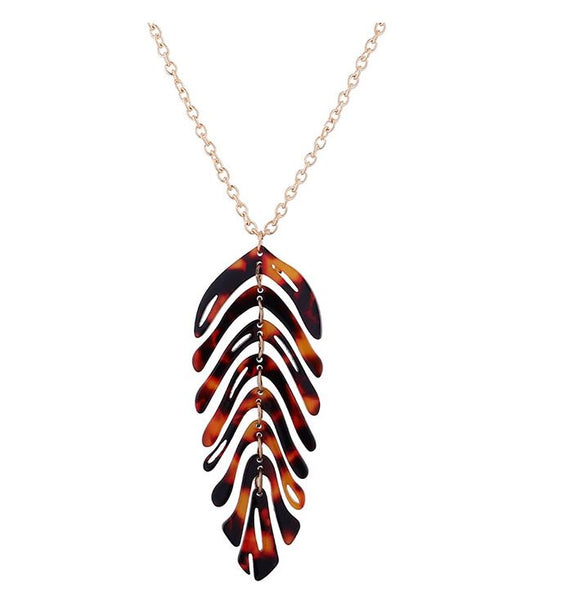 EC183 Gold Brown & Black Print Acrylic Feather Necklace with Free Earrings