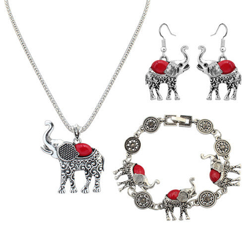 EC56 Silver Red Elephant Necklace with Free Earrings & Free Bracelet
