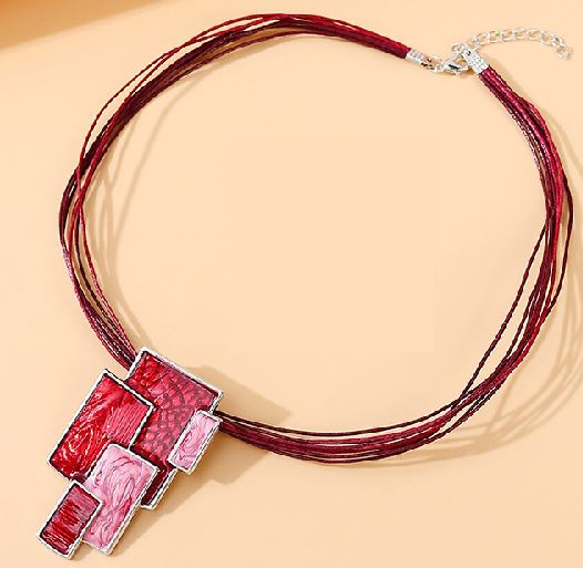EC174 Red Multi Rectangle Cord Necklace with Free Earrings