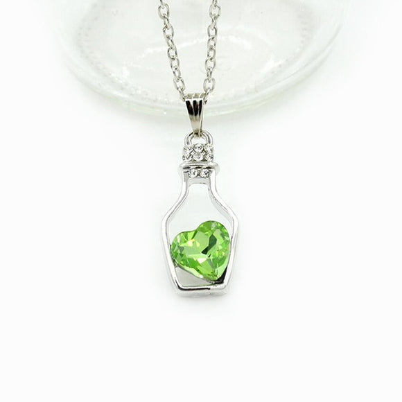 EC220 Silver Lime Green Heart Bottle Necklace with Free Earrings