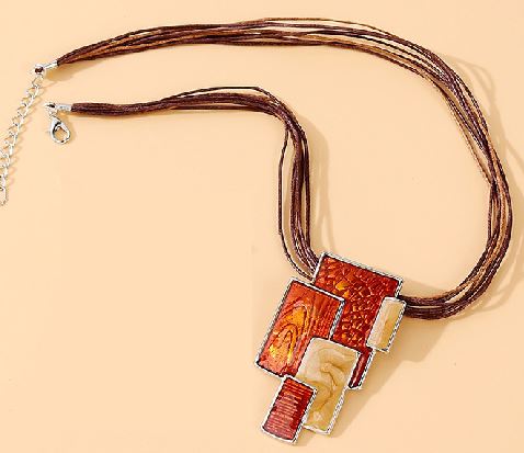 EC172 Brown Multi Rectangle Cord Necklace with Free Earrings