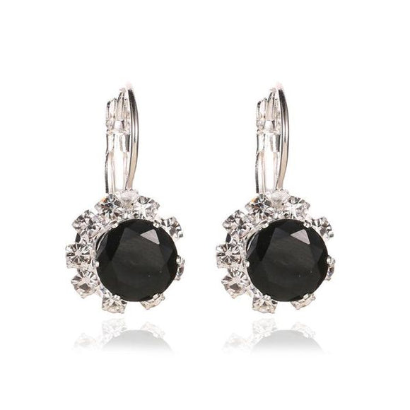 EC72 Silver Rhinestone Black Gemstone Earrings