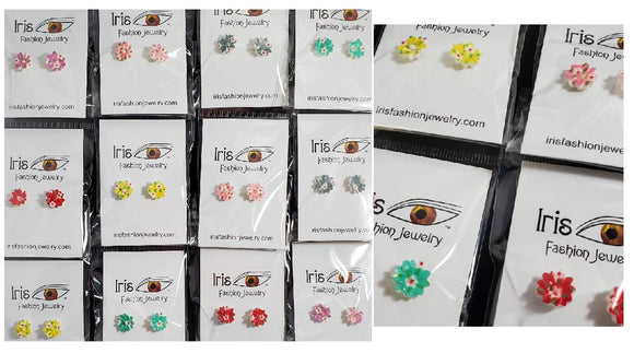 A158 Assorted Color Decorated Flower Earring Assortment Pack of 12