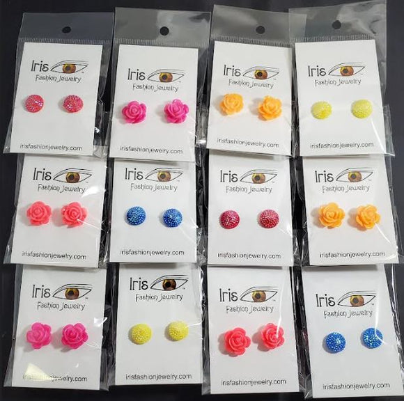 A05 Assorted Color Rose & Gem Covered Earring Assortment Pack of 12