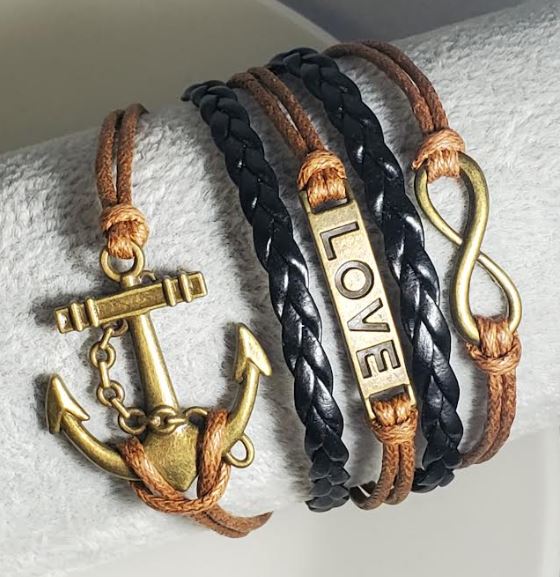 +B152 Brown & Black Anchor Love Infinity Layer Leather Bracelet