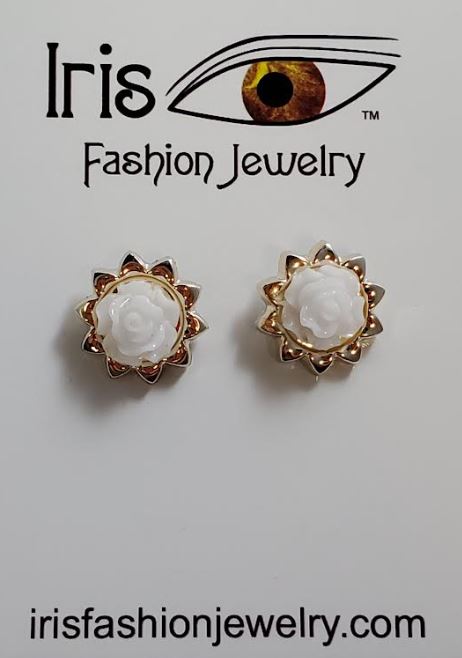 AZ1110 Rose Gold Sunburst White Rose Flower Earrings
