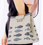 G01 Gray Fish Design Insulated Lunch Tote with Velcro Closure