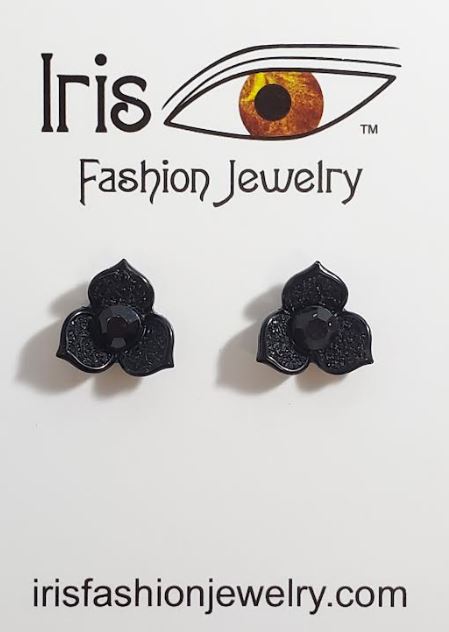 AZ1561 Black Glitter Gem Flower Earrings
