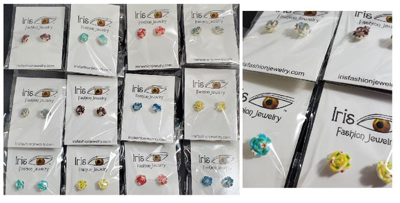 A157 Assorted Color Decorated Rose Earring Assortment Pack of 12