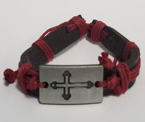6PK-B587 Silver Cross Black Leather Red Cord Bracelet