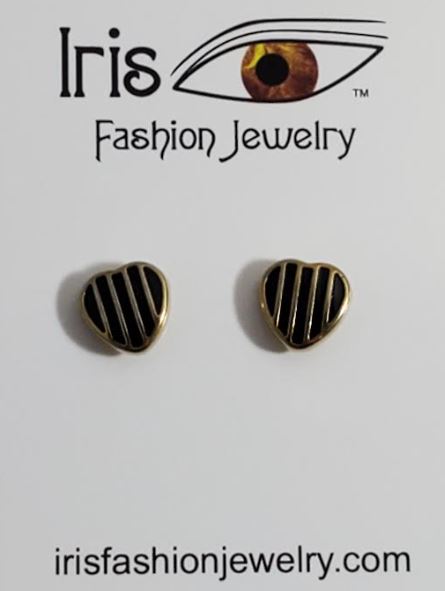 E696 Gold Black Heart Earrings