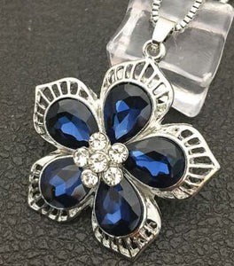 6PK-N1163 Silver Flower Blue Gemstones Necklace with FREE Earrings