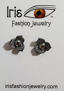 AZ1560 Gun Metal Glitter Gem Flower Earrings