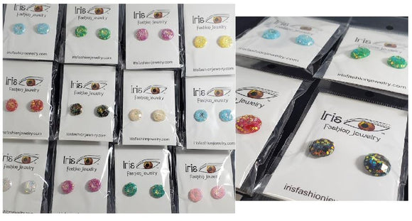 A141 Assorted Color Glitter Filled Gem Earring Assortment Pack of 12