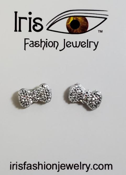 +AZ205 Silver Rhinestone Decorated Bow Earrings