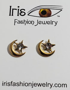 E835 Gold Moon & Star Rhinestone Earrings