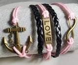 BD08 Light Pink & Black Anchor Leather Bracelet BULK DEAL X12