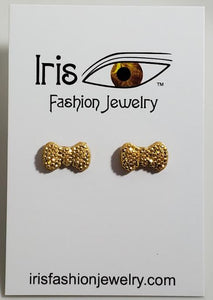 E1447 Gold Rhinestone Decorated Bow Earrings