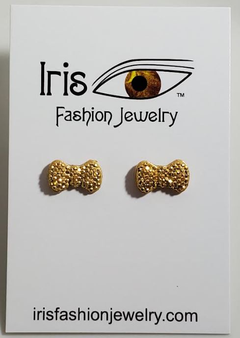 E1447 Gold Rhinestone Decorated Bow Earrings