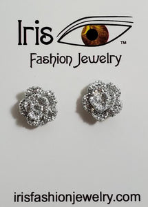 E89 Silver Gem Decorated Rose Earrings