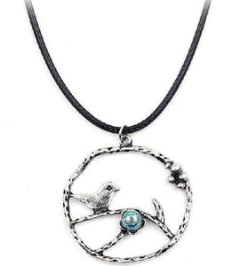 6PK-AZ135 Silver Bird Blue Iridescent Bead on Leather Cord Necklace with Free Earrings