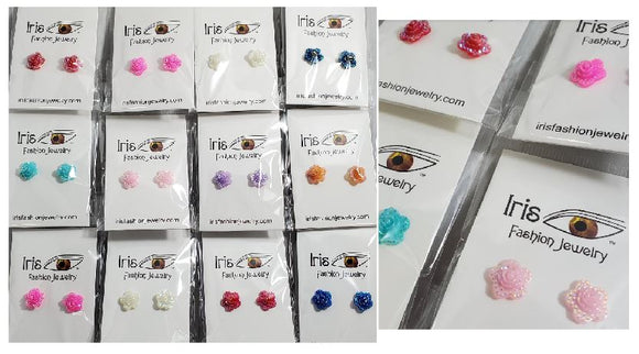 A135 Assorted Color Iridescent Flower Earring Assortment Pack of 12