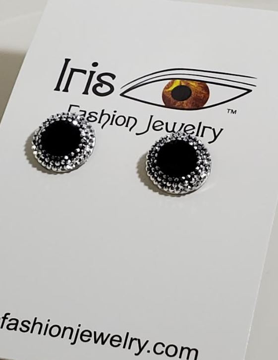 E974 Black Silver Rhinestone Decorated Earrings