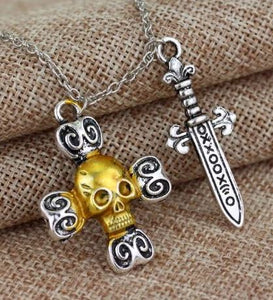 6PK-AZ101 Silver Gold Accent Skull & Sword Necklace with FREE EARRINGS