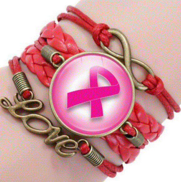 B723 Red Pink Ribbon Breast Cancer Awareness Layered Bracelet