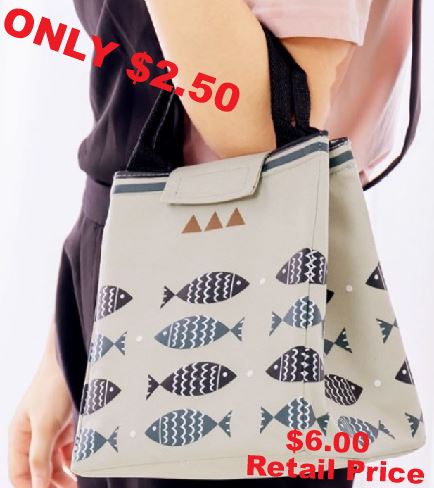 G01 Gray Fish Design Insulated Lunch Tote with Velcro Closure