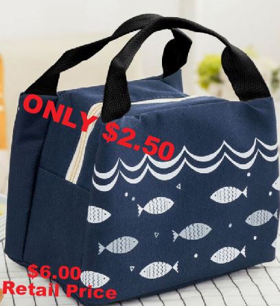 G208 Navy Blue Fish Design Insulated Lunch Tote with Zipper Closure