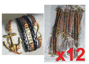 BD16 Brown & Black Anchor Leather Bracelet BULK DEAL X12