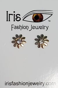 E825 Gold Daisy Flower with Rhinestone Earrings