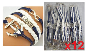 BD31 Blue & White Anchor Leather Bracelet BULK DEAL X12